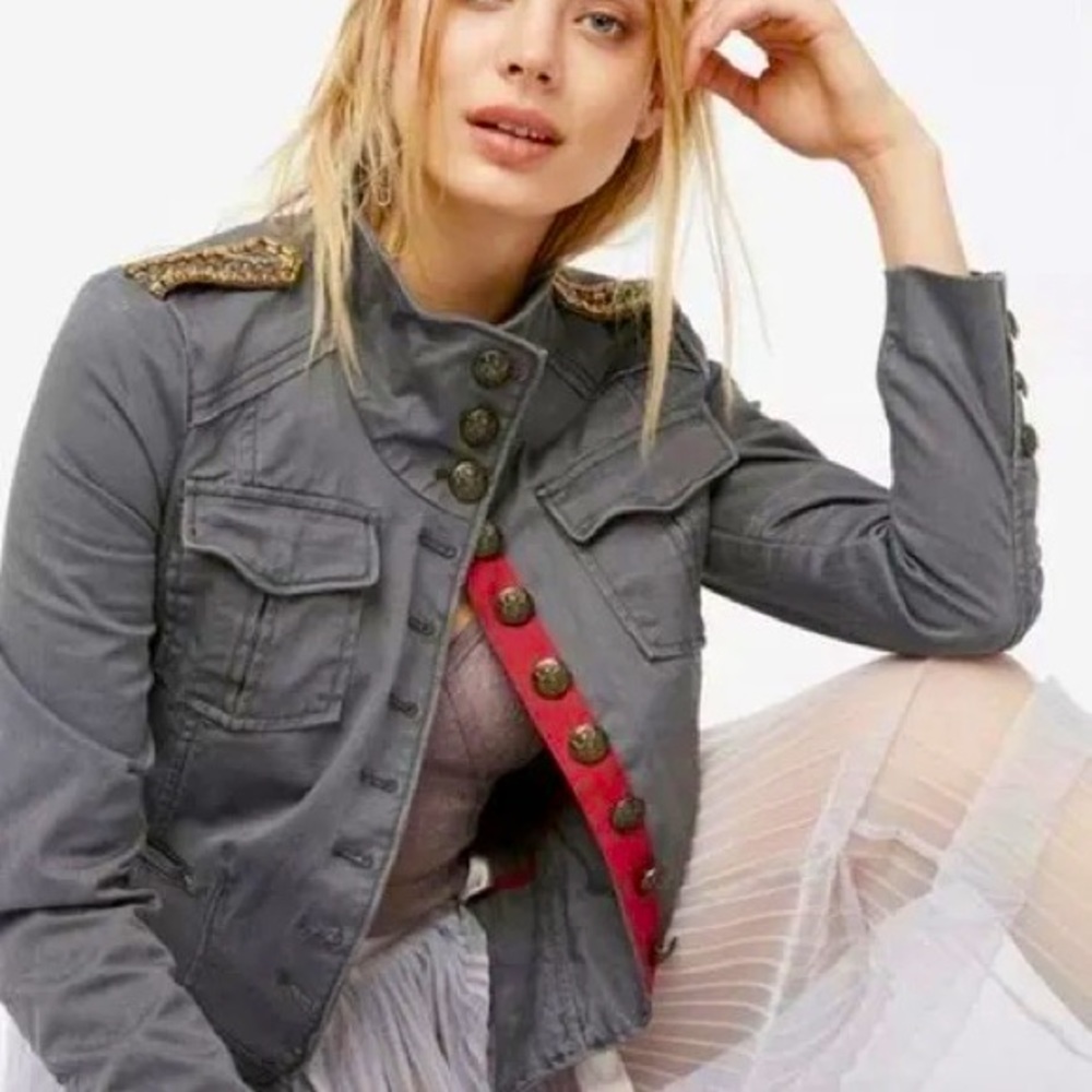 Free People shrunken officer military jacket steel grey